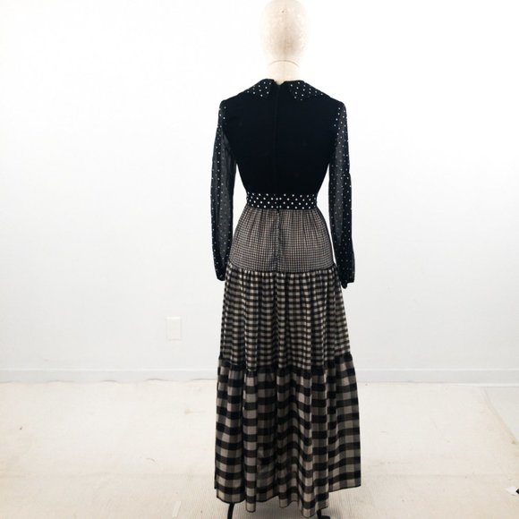 SOLD Vintage 70s S Prairie Check Print Maxi Dress Black - Picture 7 of 10